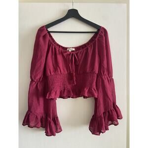Women's Hint of Blush Peasant Crop Top Medium Burgundy Long Sleeve Romantic